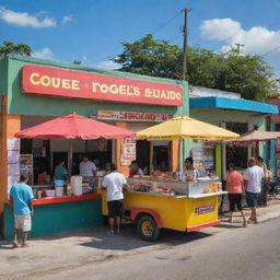 A vibrant street scene featuring a popular hot dog stand in Cojutepeque, bustling with activity and mouth-watering hot dogs.