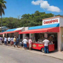 A vibrant street scene featuring a popular hot dog stand in Cojutepeque, bustling with activity and mouth-watering hot dogs.