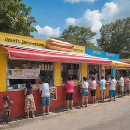 A vibrant street scene featuring a popular hot dog stand in Cojutepeque, bustling with activity and mouth-watering hot dogs.