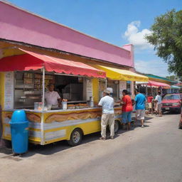 A vibrant street scene featuring a popular hot dog stand in Cojutepeque, bustling with activity and mouth-watering hot dogs.