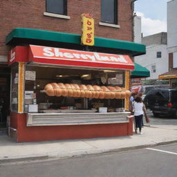 A bustling hot dog stand named 'Shoryland' on a lively street, serving freshly grilled hot dogs that have become a local favorite.