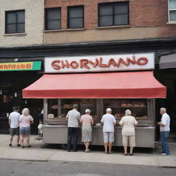 A bustling hot dog stand named 'Shoryland' on a lively street, serving freshly grilled hot dogs that have become a local favorite.