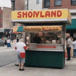 A bustling hot dog stand named 'Shoryland' on a lively street, serving freshly grilled hot dogs that have become a local favorite.