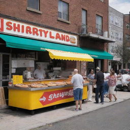 A bustling hot dog stand named 'Shoryland' on a lively street, serving freshly grilled hot dogs that have become a local favorite.