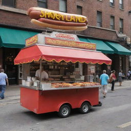 A lively hot dog stand named 'Shoryland' on a bustling city street, serving sizzling and delicious hot dogs.