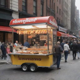 A lively hot dog stand named 'Shoryland' on a bustling city street, serving sizzling and delicious hot dogs.