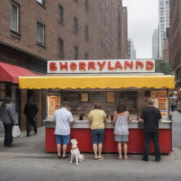 A lively hot dog stand named 'Shoryland' on a bustling city street, serving sizzling and delicious hot dogs.