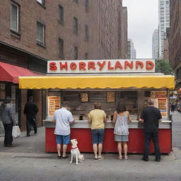 A lively hot dog stand named 'Shoryland' on a bustling city street, serving sizzling and delicious hot dogs.