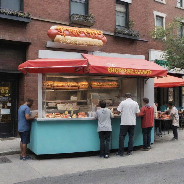 A lively hot dog stand named 'Shoryland' on a bustling city street, serving sizzling and delicious hot dogs.