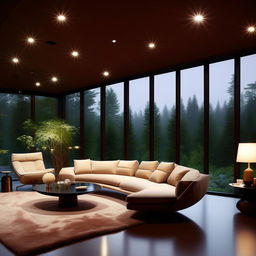 An awe-inspiringly beautiful, ultra-modern, minimalist living room featuring a luxurious indoor garden, panoramic window wall with nature views, ambient lighting, sophisticated minimalist furniture, and a centerpiece of simple, but majestic abstract art.