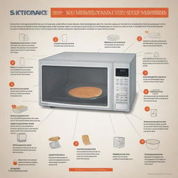 A helpful and visually appealing poster showcasing step-by-step instructions on using a microwave with supporting images and text.