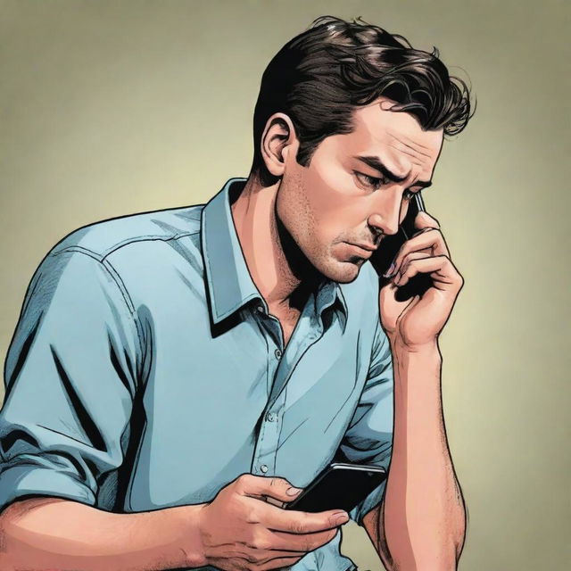 Comic illustration depicting a man engrossed in his phone