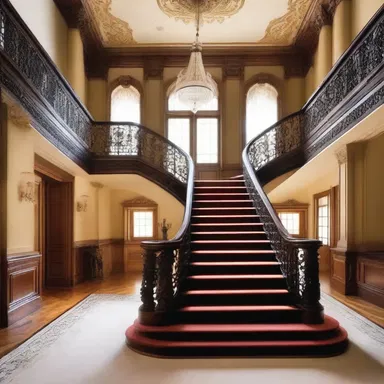 The grand staircase descended ponderously, adding an air of elegance to the grandiose mansion.