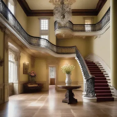 The grand staircase descended ponderously, adding an air of elegance to the grandiose mansion.
