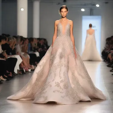 The model walked down the runway ponderously, showcasing the elegant and elaborate gown.