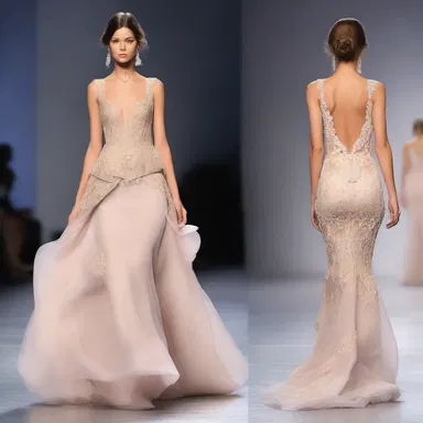 The model walked down the runway ponderously, showcasing the elegant and elaborate gown.