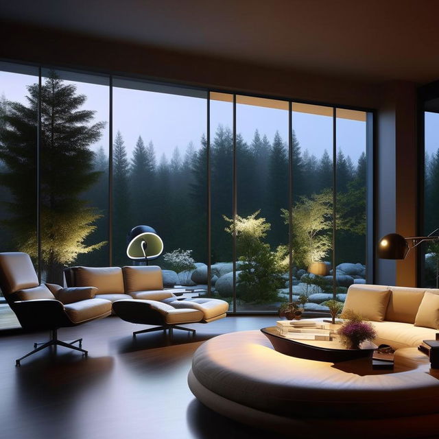 An awe-inspiringly beautiful, ultra-modern, minimalist living room featuring a luxurious indoor garden, panoramic window wall with nature views, ambient lighting, sophisticated minimalist furniture, and a centerpiece of simple, but majestic abstract art.