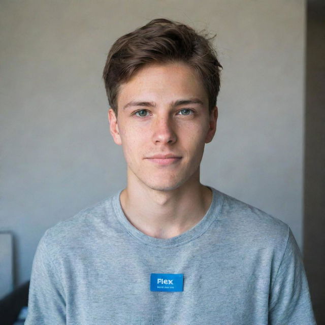 A 22-year-old boy with a name tag labeled 'Flex' visible behind him, and with a reference to a Telegram ID cleverly incorporated into the image flair.