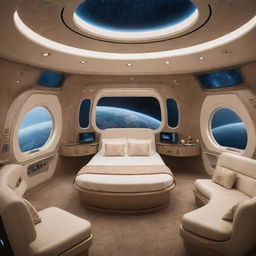 Luxuriously designed interior of a spaceship's passenger cabin, featuring an opulent sleeper suite, all set against the mesmerizing backdrop of Earth orbiting in space.