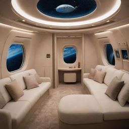 Luxuriously designed interior of a spaceship's passenger cabin, featuring an opulent sleeper suite, all set against the mesmerizing backdrop of Earth orbiting in space.