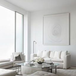 Further enhance the ultra-modern, minimalist living room, adopting a 'white-on-white' design. Incorporate diverse textures, natural light, and subtly contrasting tones to create depth and warmth. The room features luxurious, white, minimalistic furniture with a stunning white abstract art piece.