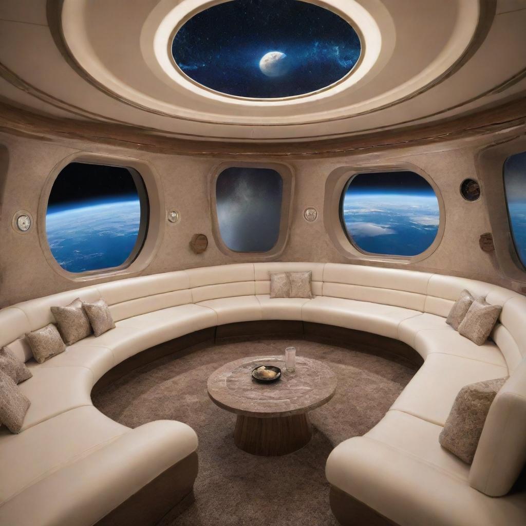 Luxuriously designed interior of a spaceship's passenger cabin, featuring an opulent sleeper suite, all set against the mesmerizing backdrop of Earth orbiting in space.