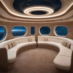 Luxuriously designed interior of a spaceship's passenger cabin, featuring an opulent sleeper suite, all set against the mesmerizing backdrop of Earth orbiting in space.