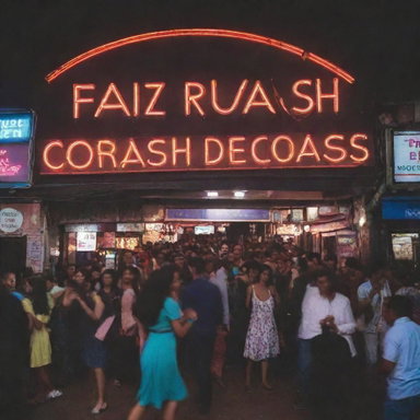 A bustling dance club pulsating with vibrant lights, with a large, prominent sign reading 'Faizan Rash and Crash Dance Classes'.