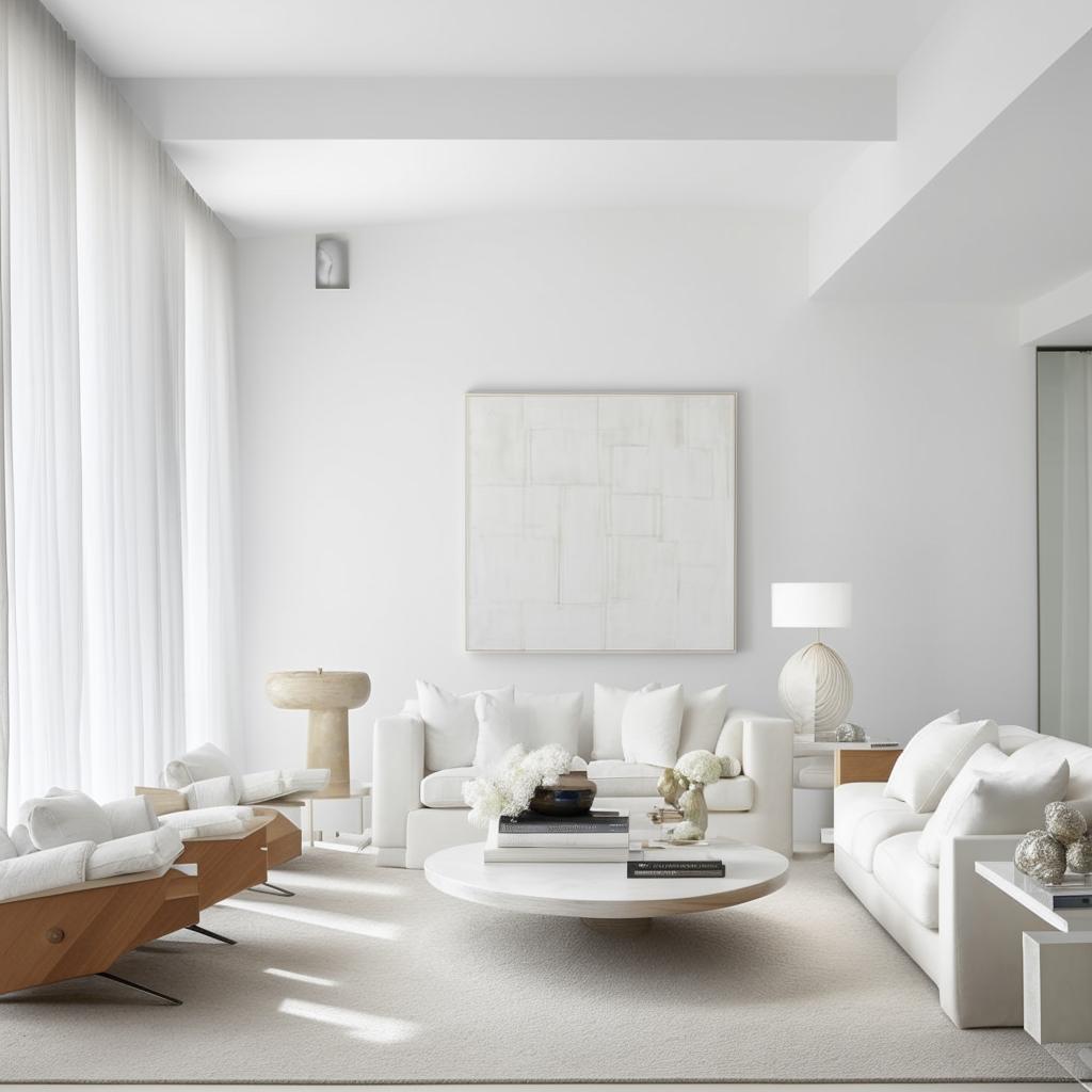 Further enhance the ultra-modern, minimalist living room, adopting a 'white-on-white' design. Incorporate diverse textures, natural light, and subtly contrasting tones to create depth and warmth. The room features luxurious, white, minimalistic furniture with a stunning white abstract art piece.