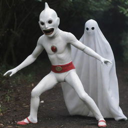 Ultraman carrying a traditional Indonesian ghost known as a pocong, in an animation style.