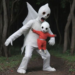 Ultraman carrying a traditional Indonesian ghost known as a pocong, in an animation style.