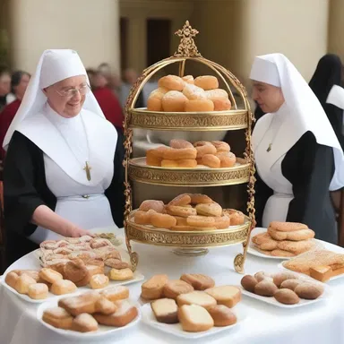 During the church bake sale, the nuns brought out the ornate pastry cart, filled with delectable treats for the worshippers to enjoy.