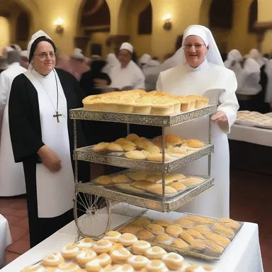 During the church bake sale, the nuns brought out the ornate pastry cart, filled with delectable treats for the worshippers to enjoy.