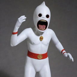 Ultraman carrying a traditional Indonesian ghost known as a pocong, in an animation style.