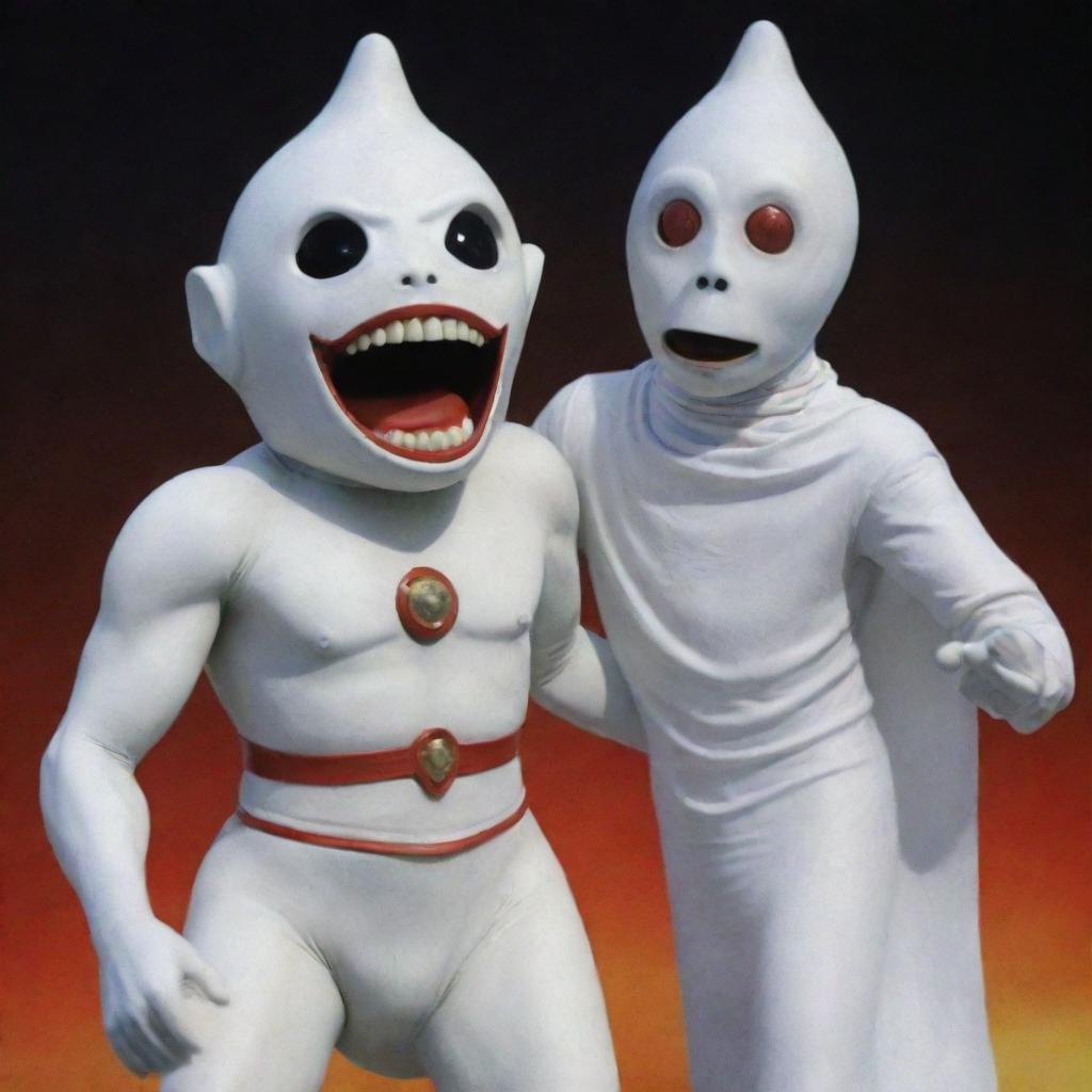 Ultraman carrying a traditional Indonesian ghost known as a pocong, in an animation style.