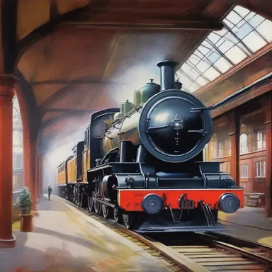 The painter beautifully depicted the old locomotive resting in a nostalgic railway station.