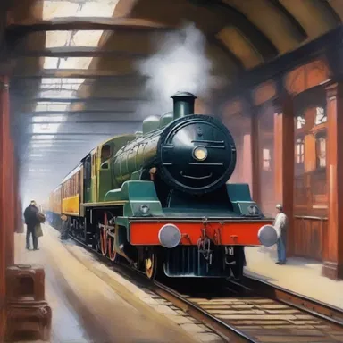 The painter beautifully depicted the old locomotive resting in a nostalgic railway station.