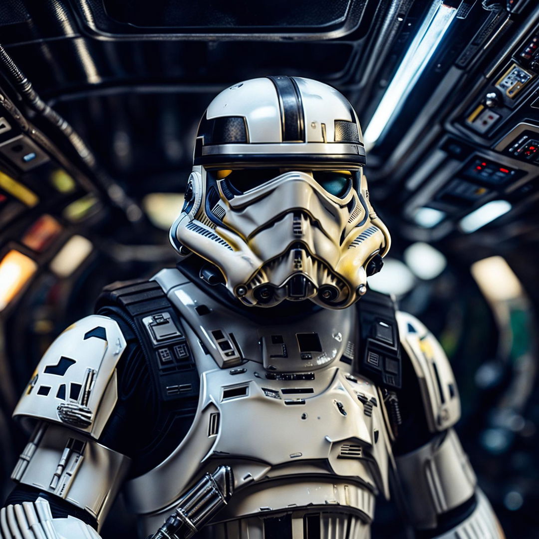 A helmetless Stormtrooper in full armor stands tall, his rugged face revealing years of battle. He's set against a blurred backdrop of starship interiors.