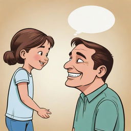 A comic style illustration of a friendly man chatting with a little girl. Their expressions convey a lighthearted and warm conversation.