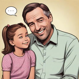 A comic style illustration of a friendly man chatting with a little girl. Their expressions convey a lighthearted and warm conversation.