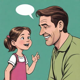 A comic style illustration of a friendly man chatting with a little girl. Their expressions convey a lighthearted and warm conversation.