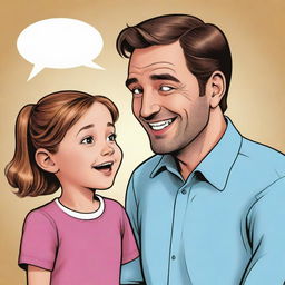 A comic style illustration of a friendly man chatting with a little girl. Their expressions convey a lighthearted and warm conversation.