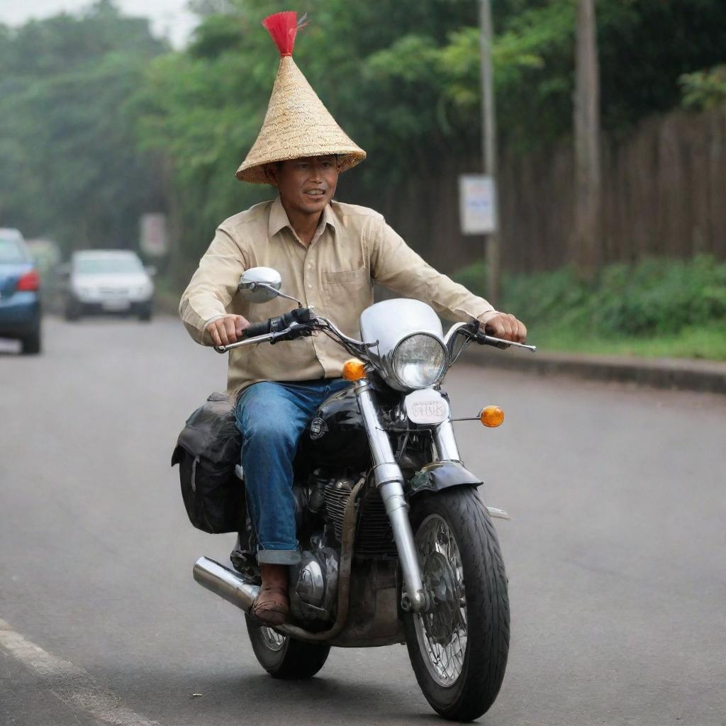 A person riding a motorcycle wearing a traditional Indonesian hat, known as a peci