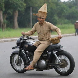 A person riding a motorcycle wearing a traditional Indonesian hat, known as a peci