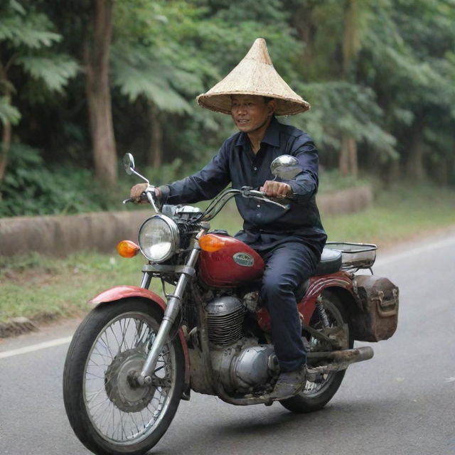 A person riding a motorcycle wearing a traditional Indonesian hat, known as a peci