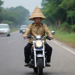 A person riding a motorcycle wearing a traditional Indonesian hat, known as a peci