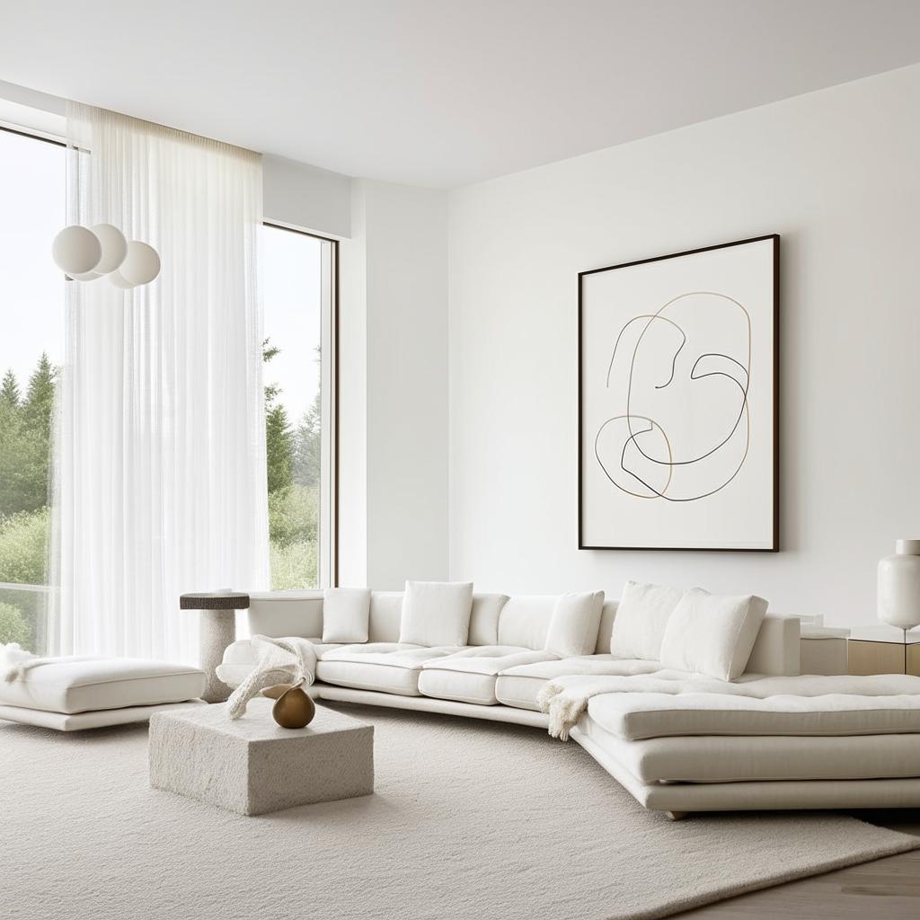 Further enhance the ultra-modern, minimalist living room, adopting a 'white-on-white' design. Incorporate diverse textures, natural light, and subtly contrasting tones to create depth and warmth. The room features luxurious, white, minimalistic furniture with a stunning white abstract art piece.