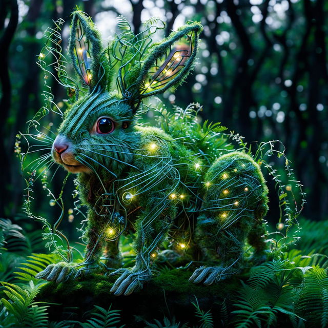 A techno-organic rabbit made of plants and machinery resides in a lush forest. Its body is formed by vines and leaves, its fur is moss and ferns, its eyes are bioluminescent fungi, its ears are metallic sheets with circuitry patterns, its legs reveal mechanical joints and pistons, and its tail is a fusion of metallic wires and flowering vines.