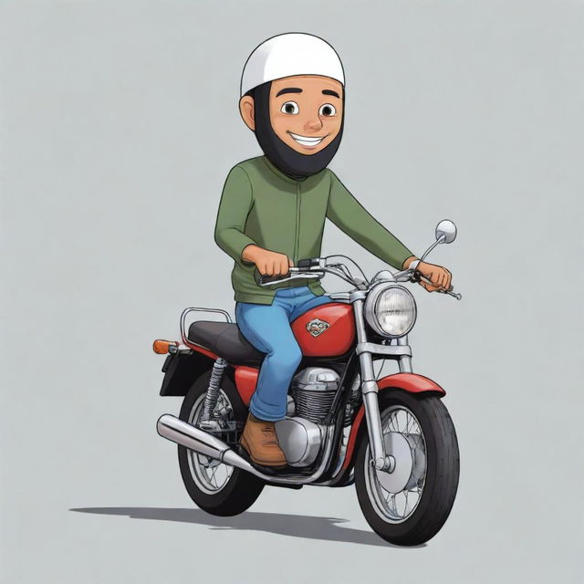 Cartoon of a person riding a motorcycle wearing a Muslim cap