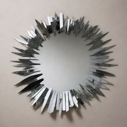 A mirror shattered into multiple jagged pieces, reflecting fragmented images.